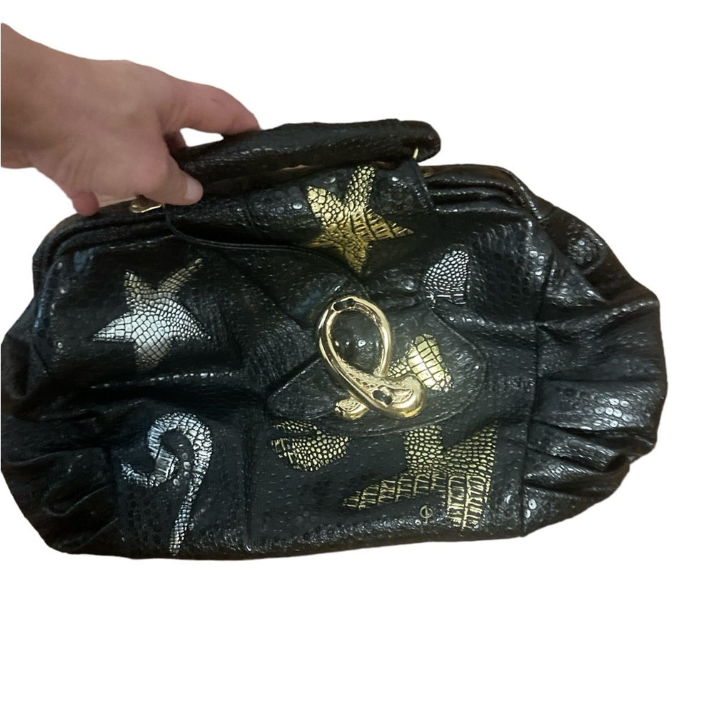 VTG 80s Large Clutch Black Leather Patchwork Bag -Gold & Silver Detail- AMAZING!